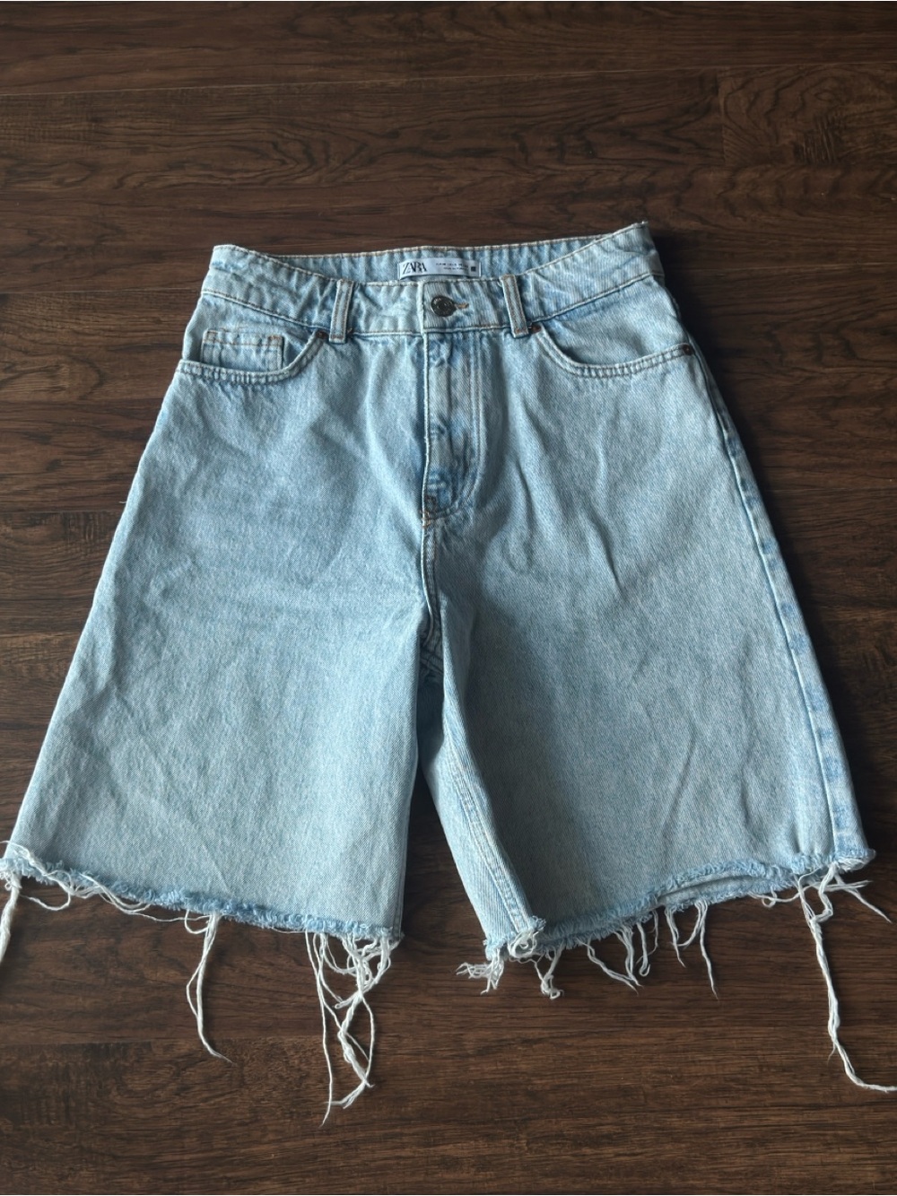 Zara Pale Blue Distressed Denim Bermuda Shorts